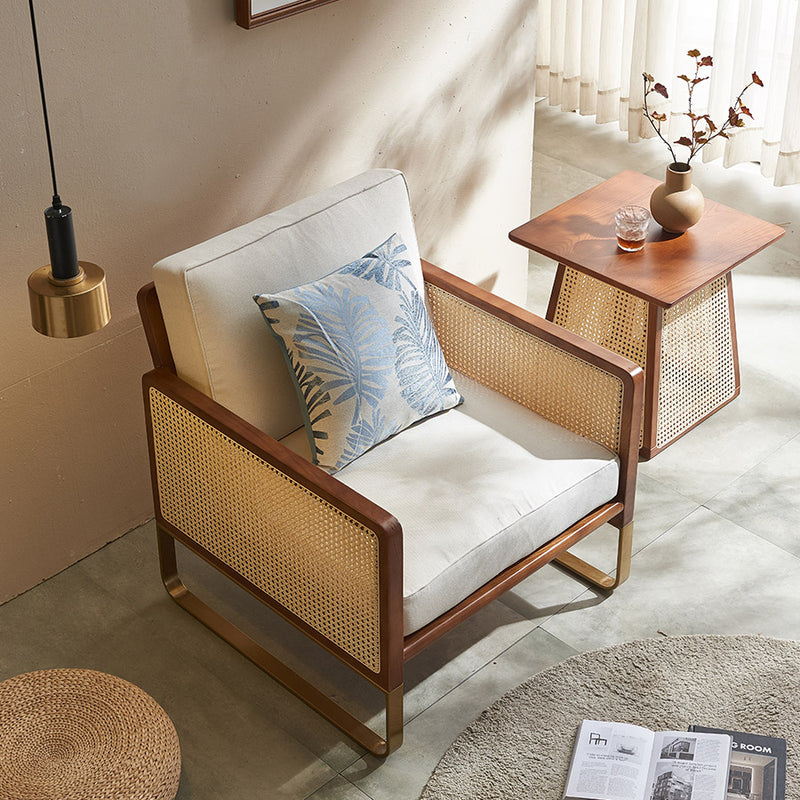 Traditional Japanese Square White Ash Wood Solid Wood Indonesian Rattan Linen-Cotton Blend Fabric Stainless Steel Backrest Armrest Accent Chair For Living Room