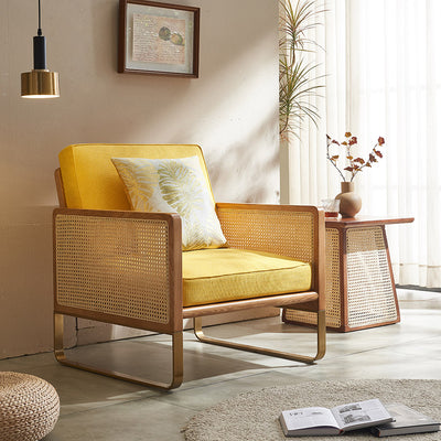 Traditional Japanese Square White Ash Wood Solid Wood Indonesian Rattan Linen-Cotton Blend Fabric Stainless Steel Backrest Armrest Accent Chair For Living Room