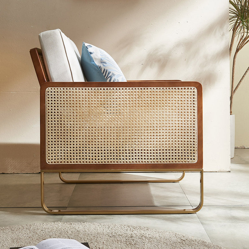 Traditional Japanese Square White Ash Wood Solid Wood Indonesian Rattan Linen-Cotton Blend Fabric Stainless Steel Backrest Armrest Accent Chair For Living Room