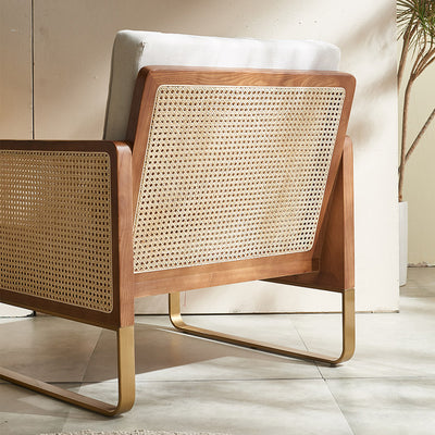 Traditional Japanese Square White Ash Wood Solid Wood Indonesian Rattan Linen-Cotton Blend Fabric Stainless Steel Backrest Armrest Accent Chair For Living Room