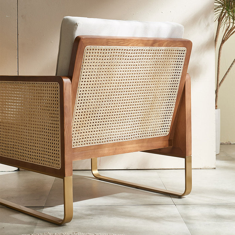 Traditional Japanese Square White Ash Wood Solid Wood Indonesian Rattan Linen-Cotton Blend Fabric Stainless Steel Backrest Armrest Accent Chair For Living Room