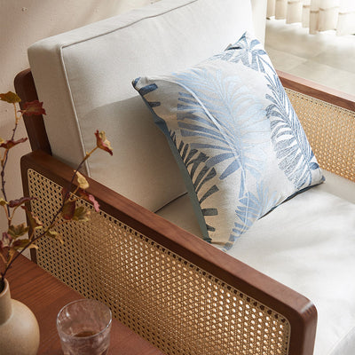 Traditional Japanese Square White Ash Wood Solid Wood Indonesian Rattan Linen-Cotton Blend Fabric Stainless Steel Backrest Armrest Accent Chair For Living Room