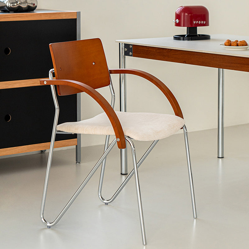 Contemporary Scandinavian Square Multi-layer Solid Wood Panel Electroplated Iron Chenille Fabric Backrest Armrests Dining Chair For Dining Room