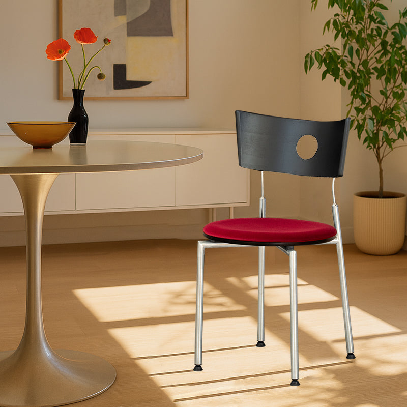 Moderner Retro-Esszimmerstuhl mit quadratischer Rückenlehne aus Sperrholz, Stoff und Edelstahl für das Esszimmer 