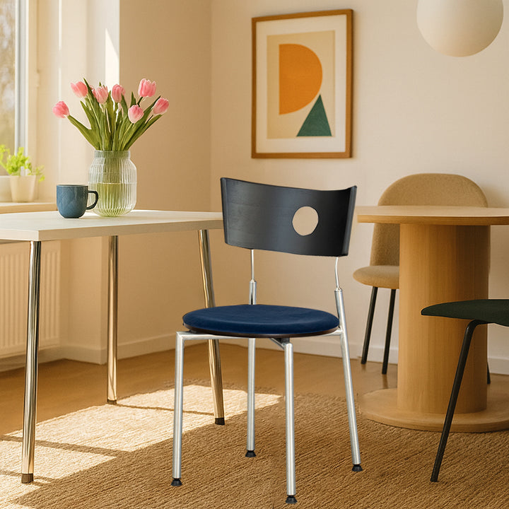 Moderner Retro-Esszimmerstuhl mit quadratischer Rückenlehne aus Sperrholz, Stoff und Edelstahl für das Esszimmer 
