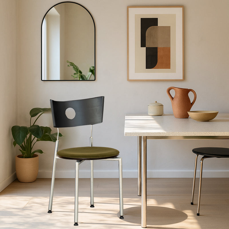 Moderner Retro-Esszimmerstuhl mit quadratischer Rückenlehne aus Sperrholz, Stoff und Edelstahl für das Esszimmer 