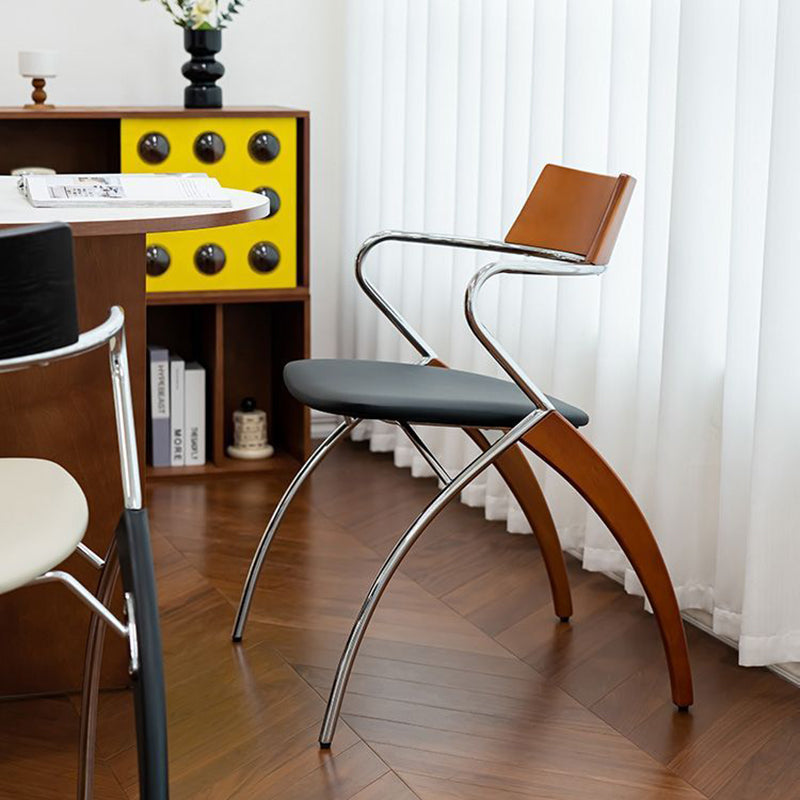 Modern Art Deco Square Faux Leather Velvet Fabric Multi-layer Solid Wood Panel Electroplated Iron Backrest Armrest Dining Chair For Dining Room