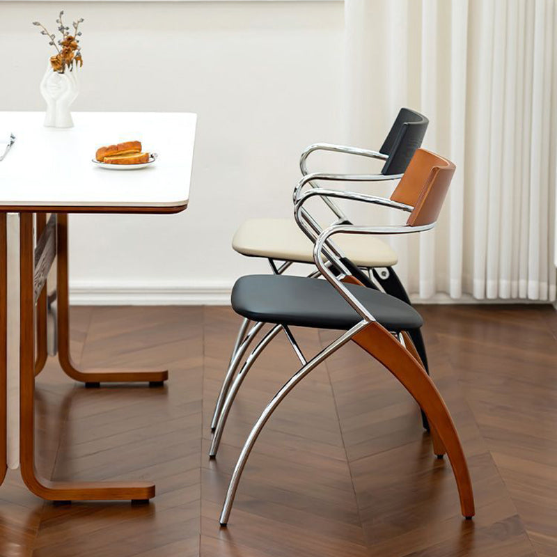 Modern Art Deco Square Faux Leather Velvet Fabric Multi-layer Solid Wood Panel Electroplated Iron Backrest Armrest Dining Chair For Dining Room