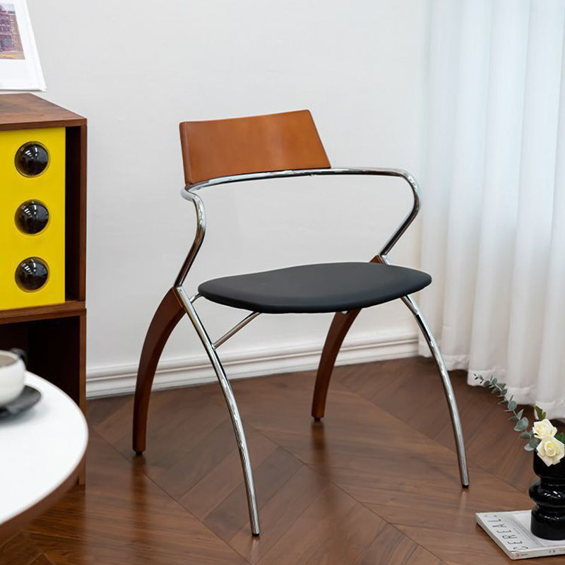 Modern Art Deco Square Faux Leather Velvet Fabric Multi-layer Solid Wood Panel Electroplated Iron Backrest Armrest Dining Chair For Dining Room