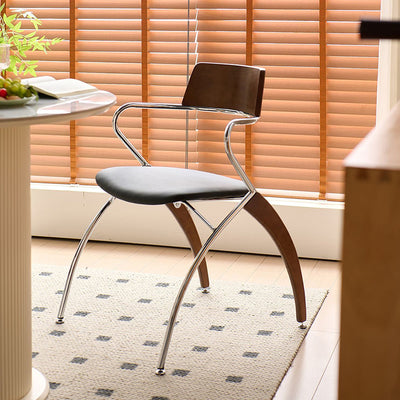 Modern Art Deco Square Faux Leather Velvet Fabric Multi-layer Solid Wood Panel Electroplated Iron Backrest Armrest Dining Chair For Dining Room