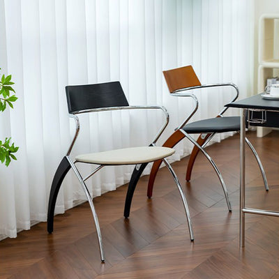 Modern Art Deco Square Faux Leather Velvet Fabric Multi-layer Solid Wood Panel Electroplated Iron Backrest Armrest Dining Chair For Dining Room