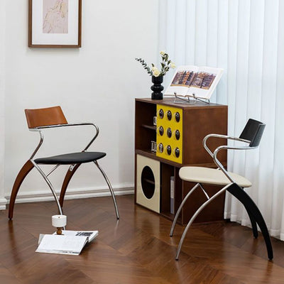 Modern Art Deco Square Faux Leather Velvet Fabric Multi-layer Solid Wood Panel Electroplated Iron Backrest Armrest Dining Chair For Dining Room