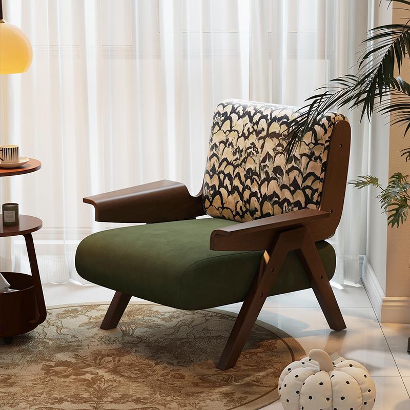 Traditional French Square Fabric Rubberwood Solid Wood Backrest Armrest Accent Chair For Living Room