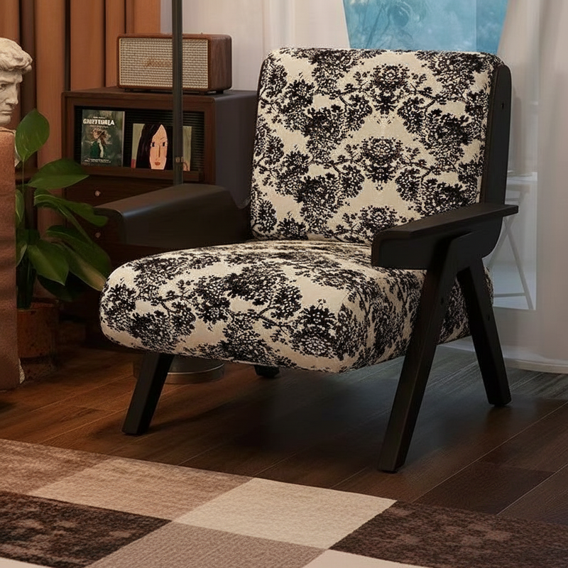 Traditional French Square Fabric Rubberwood Solid Wood Backrest Armrest Accent Chair For Living Room