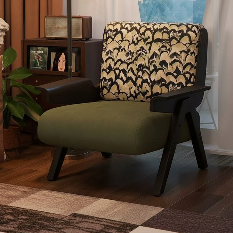 Traditional French Square Fabric Rubberwood Solid Wood Backrest Armrest Accent Chair For Living Room