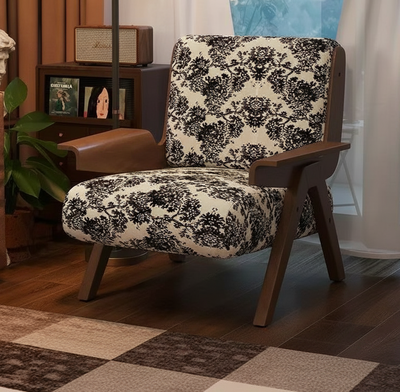 Traditional French Square Fabric Rubberwood Solid Wood Backrest Armrest Accent Chair For Living Room