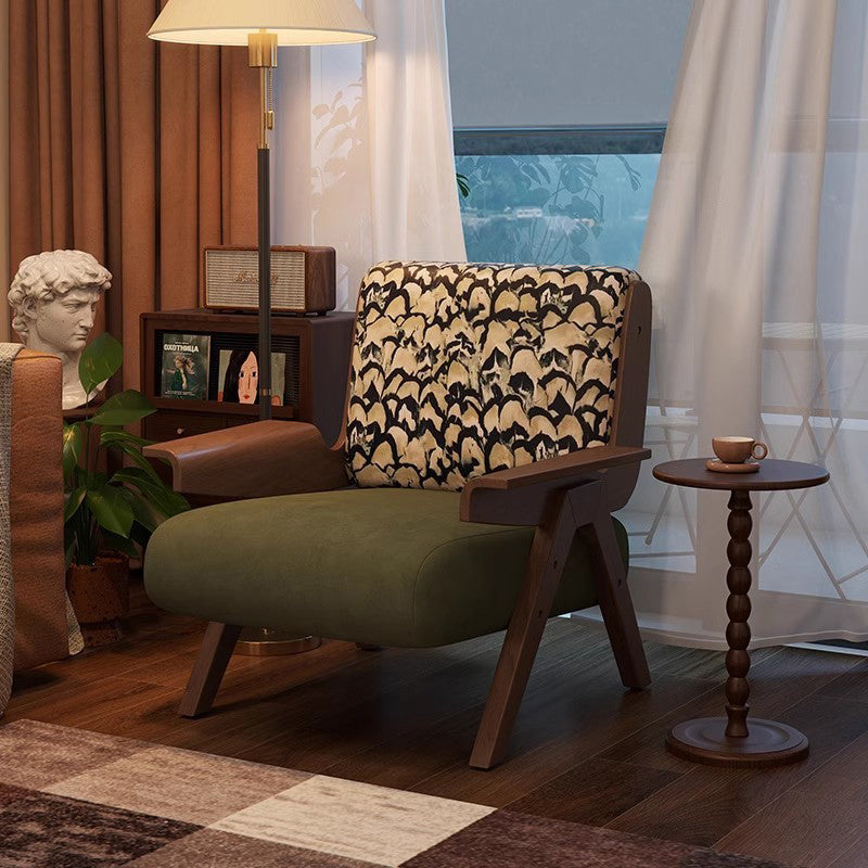 Traditional French Square Fabric Rubberwood Solid Wood Backrest Armrest Accent Chair For Living Room