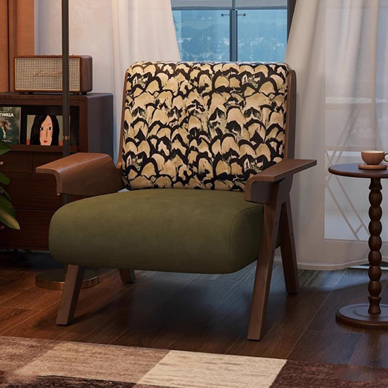 Traditional French Square Fabric Rubberwood Solid Wood Backrest Armrest Accent Chair For Living Room