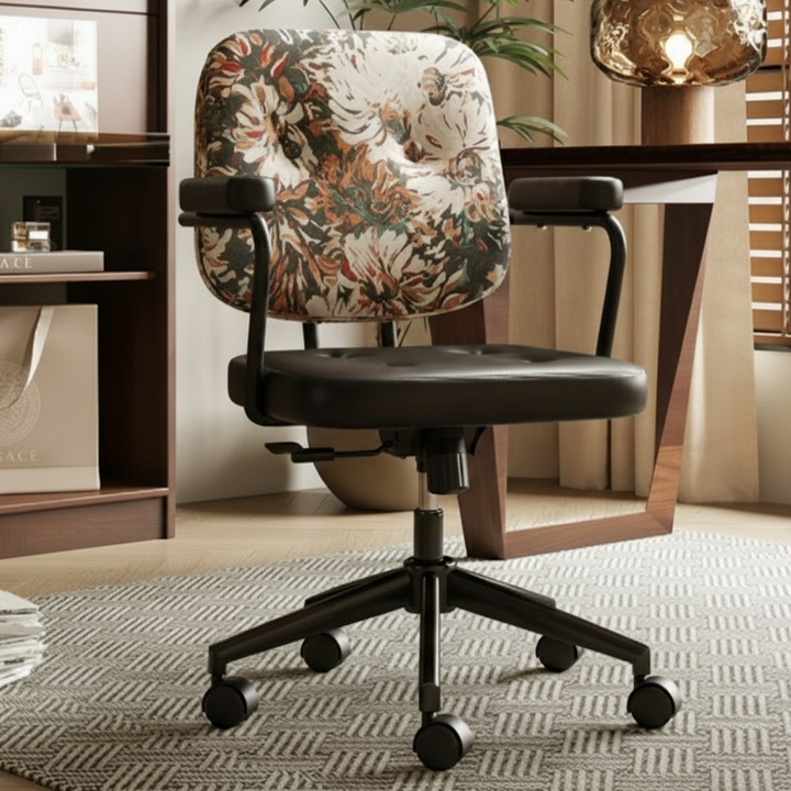 Chaise de bureau pivotante réglable en hauteur pour bureau à domicile, en cuir fleur corrigée semi-aniline, tissu et acier, de style vintage traditionnel, avec dossier carré 