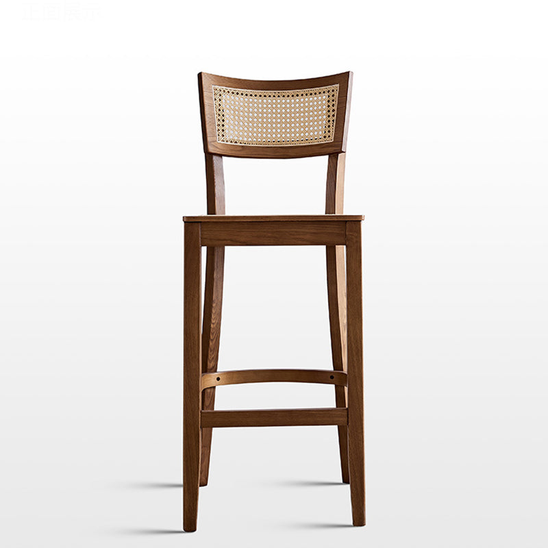 Contemporary Scandinavian Square Ash Wood Solid Wood Plywood Indonesian Rattan Backrest Bar Stool For Kitchen