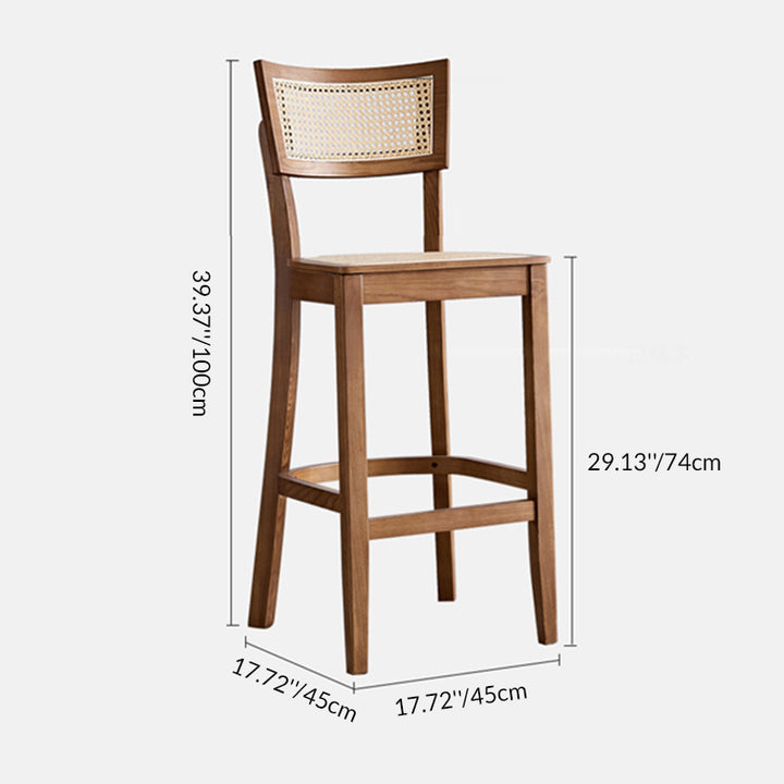 Contemporary Scandinavian Square Ash Wood Plywood Indonesian Rattan Backrest Bar Stool For Kitchen
