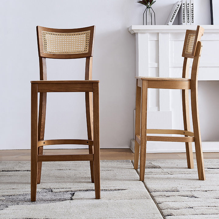 Tabouret de bar contemporain de style scandinave, carré, en bois de frêne massif, contreplaqué et rotin indonésien, avec dossier, pour cuisine 