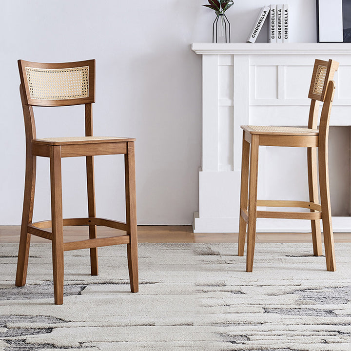 Contemporary Scandinavian Square Ash Wood Plywood Indonesian Rattan Backrest Bar Stool For Kitchen