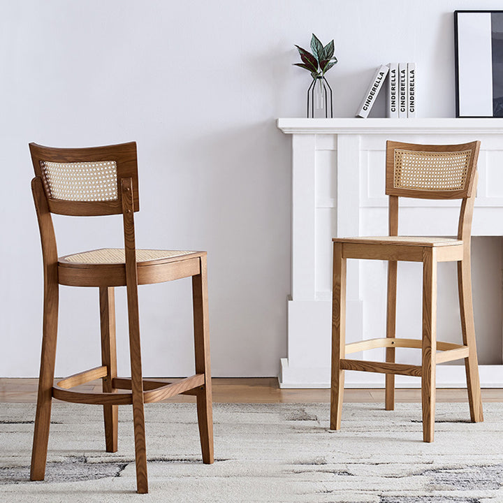 Contemporary Scandinavian Square Ash Wood Plywood Indonesian Rattan Backrest Bar Stool For Kitchen