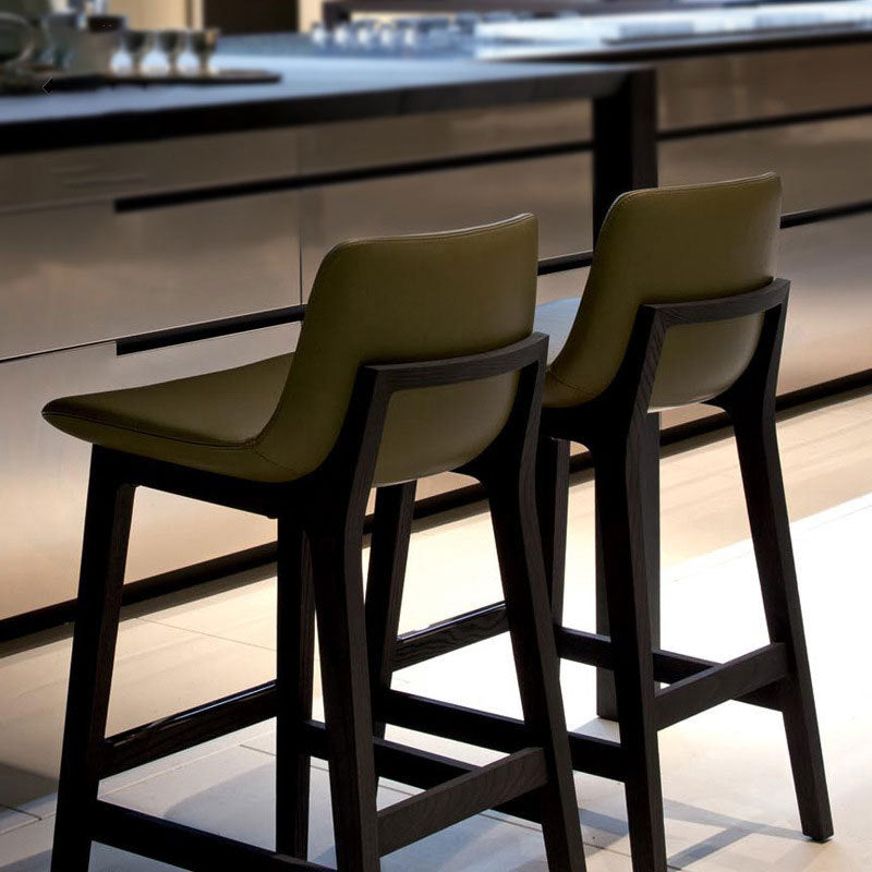 Contemporary Scandinavian Square PU Leather Ash Wood Solid Back Bar Stool For Kitchen