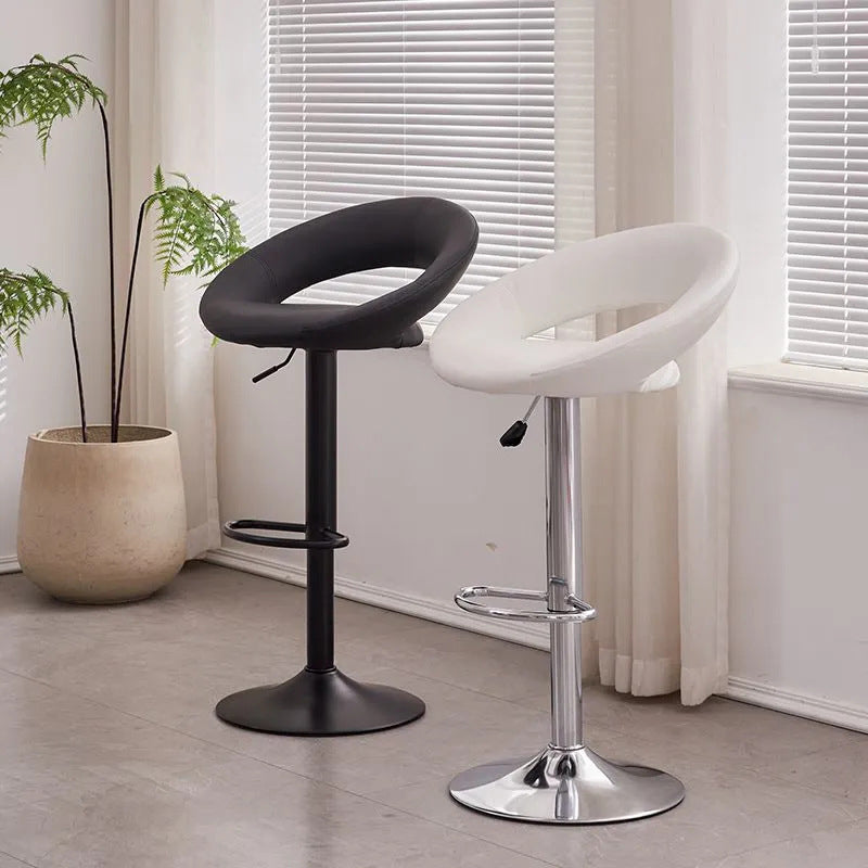 Tabouret de bar moderne minimaliste rond en similicuir PU et acier, réglable en hauteur, pivotant avec dossier pour cuisine 