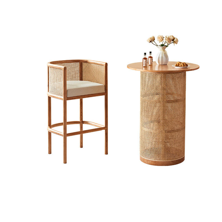 Traditional Chinese Square Ash Wood Indonesian Rattan Fabric Backrest Bar Chair For Kitchen