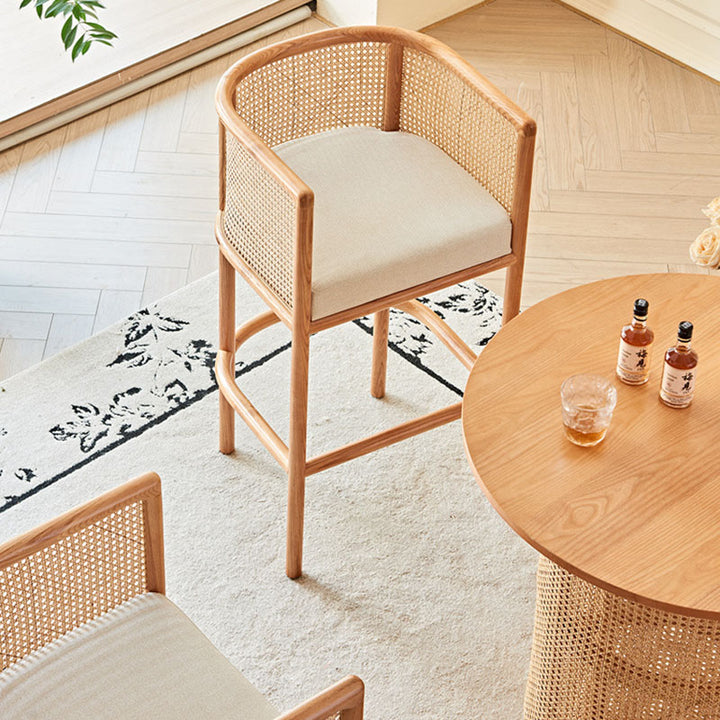 Traditional Chinese Square Ash Wood Indonesian Rattan Fabric Backrest Bar Chair For Kitchen
