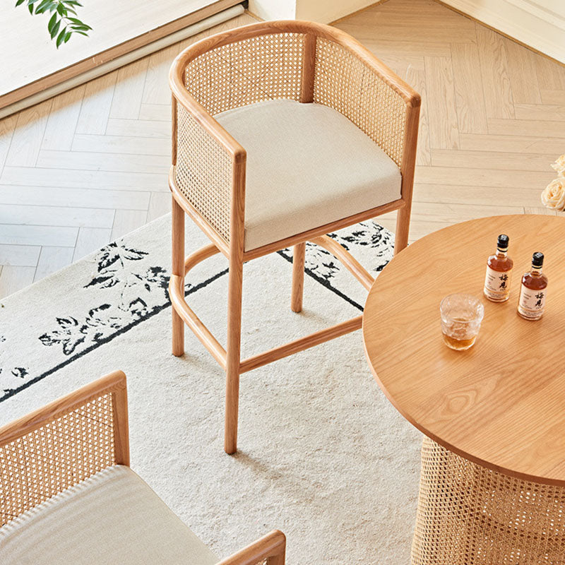Traditional Chinese Square Ash Solid Wood Indonesian Rattan Fabric Backrest Bar Chair For Kitchen