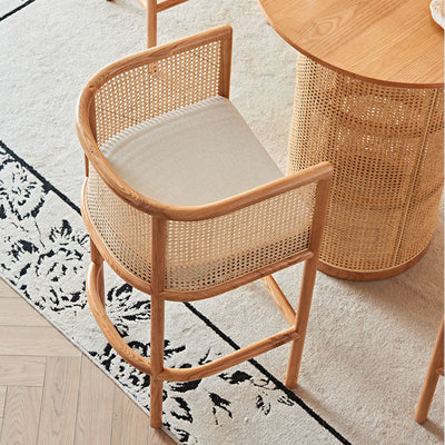 Traditional Chinese Square Ash Solid Wood Indonesian Rattan Fabric Backrest Bar Chair For Kitchen