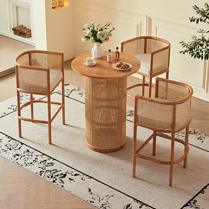 Traditional Chinese Square Ash Solid Wood Indonesian Rattan Fabric Backrest Bar Chair For Kitchen