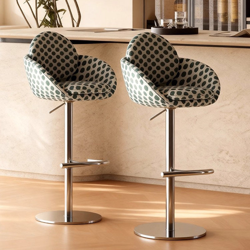 Tabouret de bar traditionnel vintage rond en bois de pin massif et acier inoxydable, avec dossier et accoudoirs en coton et lin, pour cuisine et salle à manger 