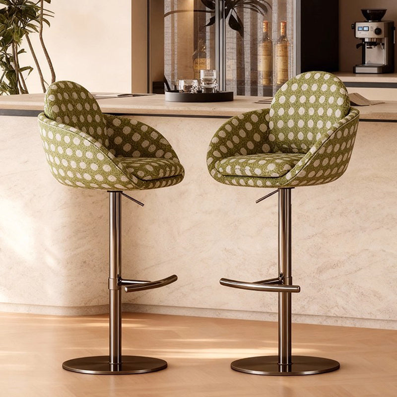 Tabouret de bar traditionnel vintage rond en bois de pin massif et acier inoxydable, avec dossier et accoudoirs en coton et lin, pour cuisine et salle à manger 