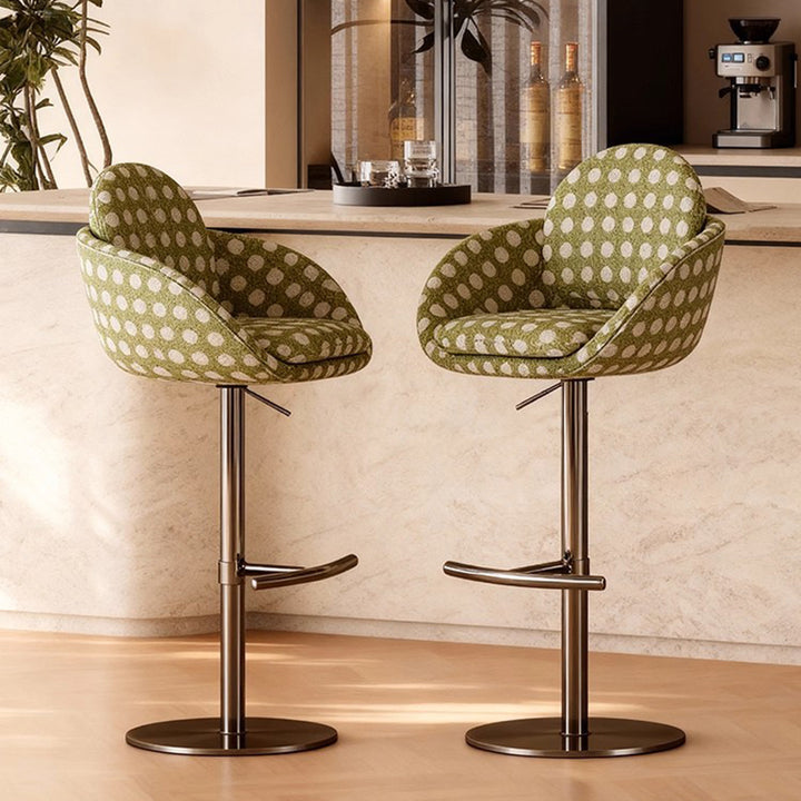 Tabouret de bar traditionnel vintage rond en bois de pin massif et acier inoxydable, avec dossier et accoudoirs en coton et lin, pour cuisine et salle à manger 