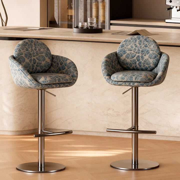 Tabouret de bar traditionnel vintage rond en bois de pin massif et acier inoxydable, avec dossier et accoudoirs en coton et lin, pour cuisine et salle à manger 