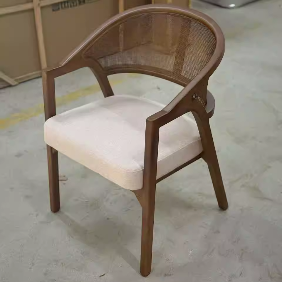 Traditional Japanese Square Ash Wood Rattan Cotton Linen Backrest Armrest Dining Chair For Dining Room
