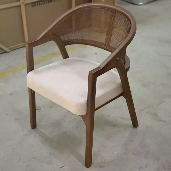 Traditional Japanese Square Ash Wood Rattan Cotton Linen Backrest Armrest Dining Chair For Dining Room