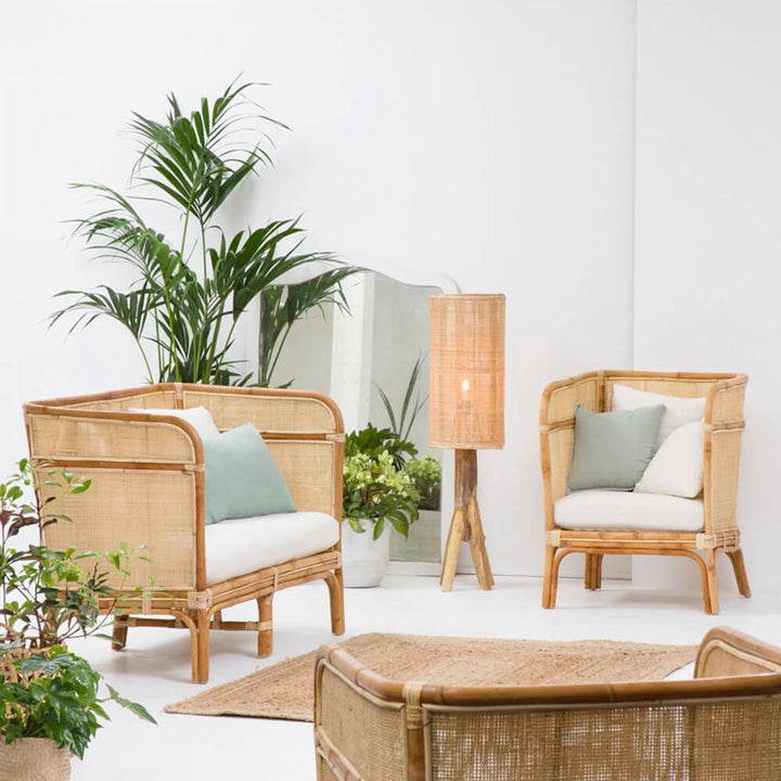 Traditional Chinese Backrest Armrest Sofa: Natural Indonesian Rattan &amp; Handwoven - Waterproof Cushion Zen-Style Chair For Living Room