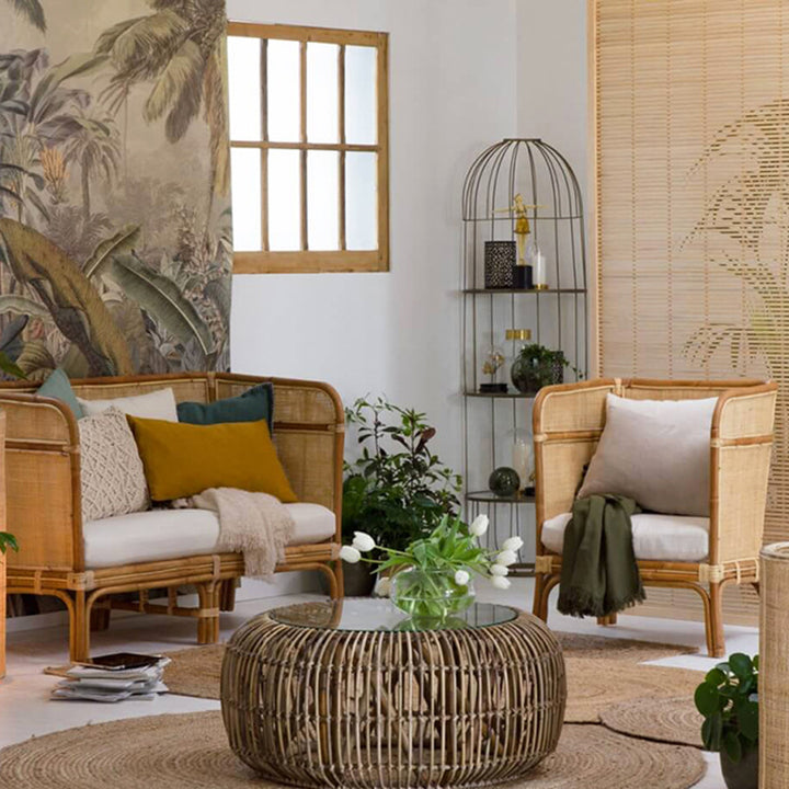 Traditional Chinese Backrest Armrest Sofa: Natural Indonesian Rattan &amp; Handwoven - Waterproof Cushion Zen-Style Chair For Living Room