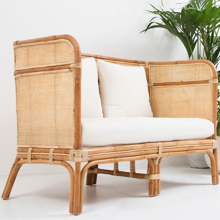 Traditional Chinese Backrest Armrest Sofa: Natural Indonesian Rattan &amp; Handwoven - Waterproof Cushion Zen-Style Chair For Living Room