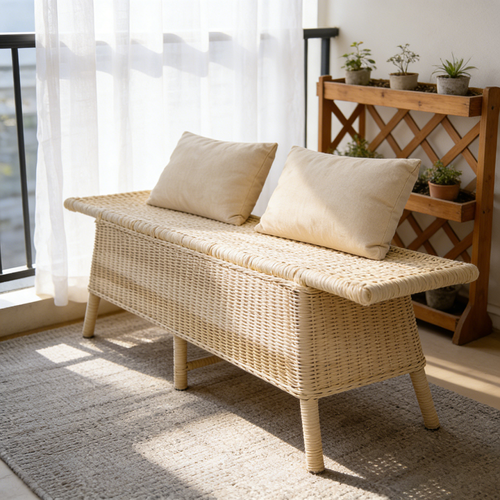 Contemporary Scandinavian Rectangular Bench: Natural Indonesian Rattan &amp; Handwoven - Spacious Seat Shoe Bench For Living Room