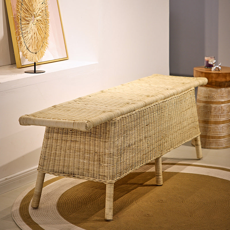 Contemporary Scandinavian Rectangular Bench: Natural Indonesian Rattan &amp; Handwoven - Spacious Seat Shoe Bench For Living Room