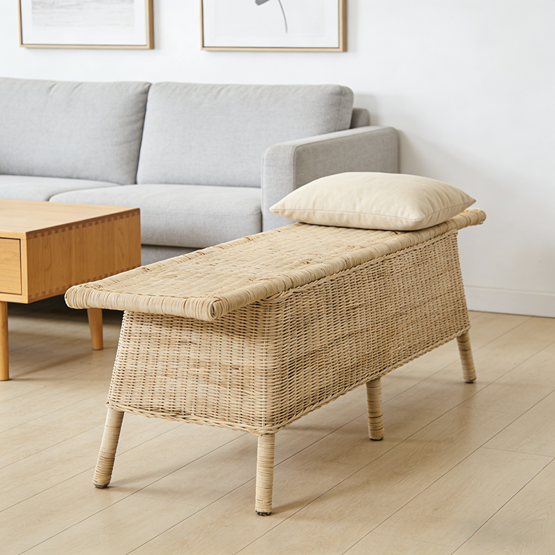 Contemporary Scandinavian Rectangular Bench: Natural Indonesian Rattan &amp; Handwoven - Spacious Seat Shoe Bench For Living Room