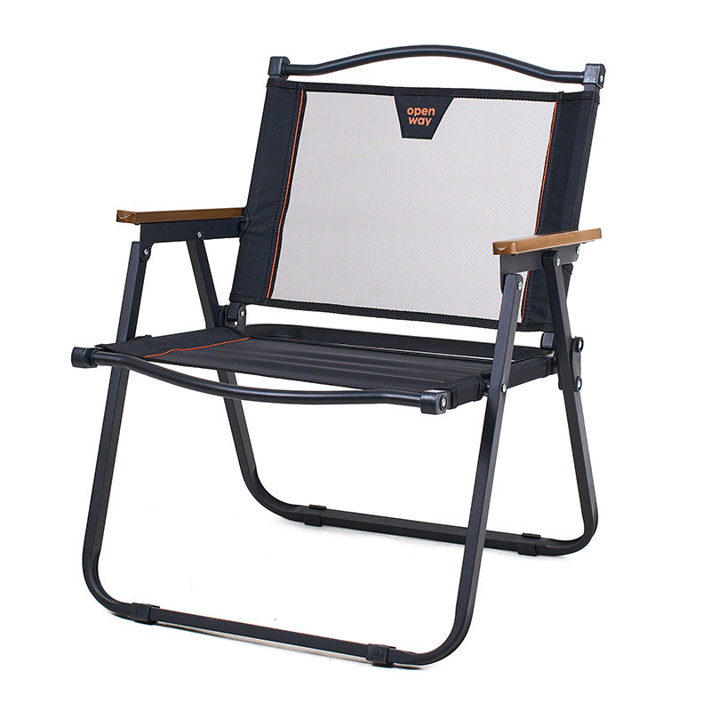Moderner minimalistischer quadratischer Campingstuhl aus Kohlenstoffstahl, Nylon und Buchenholz mit klappbarer Rückenlehne und Armlehne für den Außenbereich 