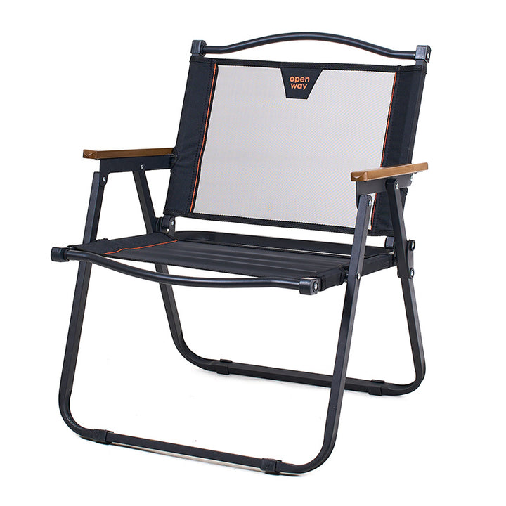 Moderner minimalistischer quadratischer Campingstuhl aus Kohlenstoffstahl, Nylon und Buchenholz mit klappbarer Rückenlehne und Armlehne für den Außenbereich 
