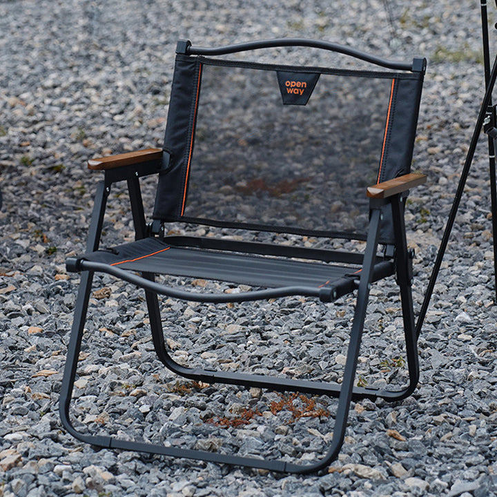 Moderner minimalistischer quadratischer Campingstuhl aus Kohlenstoffstahl, Nylon und Buchenholz mit klappbarer Rückenlehne und Armlehne für den Außenbereich 